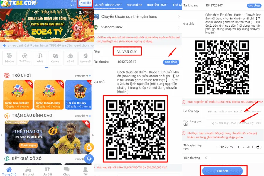 nạp tiền tk88 chuyển nhanh 247